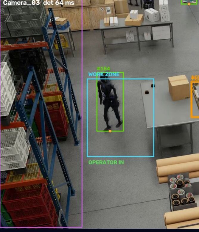 DBR77 Vision AI wykrywa operatora w strefie pracy na hali produkcyjnej